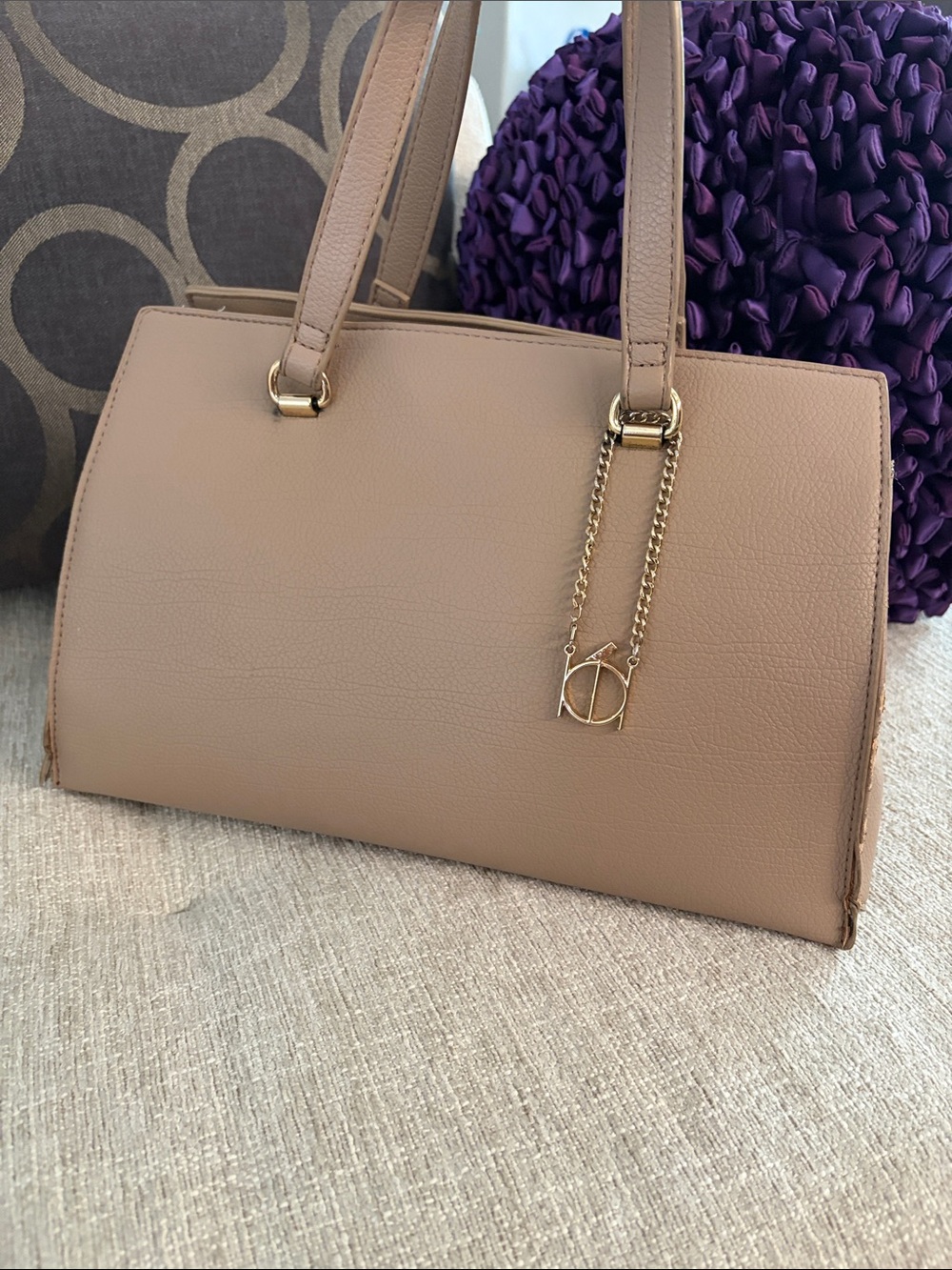 Riona Taupe Shoulder Bag with Gold Chain Charm